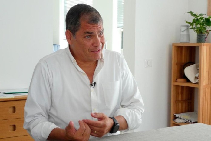 Former President of Ecuador, Rafael Correa reacts during an interview with The Associated Press, at his family home close to Brussels, Belgium, Thursday July 5, 2018. Correa called Ecuador’s demand that he is extradited from Belgium and jailed, just a power ploy by the Ecuador government in an effort to stamp out opposition. (Mark Carlson/AP Photo) 