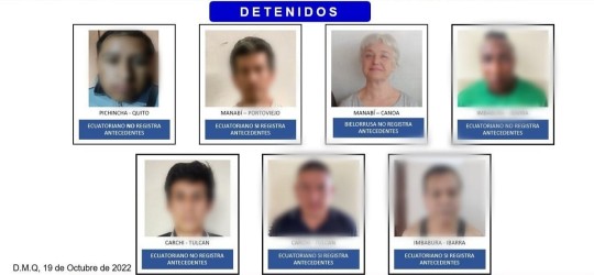 Entre los siete detenidos hay cinco hombres ecuatorianos y una mujer bielorrusa, quien según la Policía de Ecuador sería parte de una red internacional de pedofilia / Foto: cortesía Policía Nacional