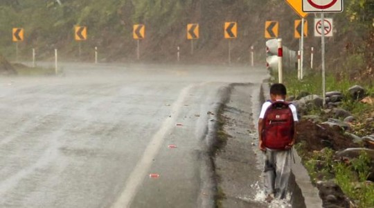 Juan Mandu camina por la vía Macas-Puyo rumbo a su casa. El niño debe ascender una pequeña montaña para ir a su casa ubicada en la comunidad Tarimiet, a ocho kilómetros. Foto: El Comercio