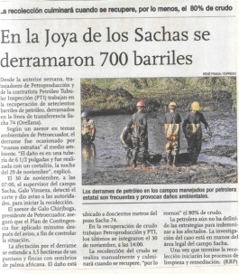 10-Dic-06. En la Joya de los Sachas se derramaron 700 barriles