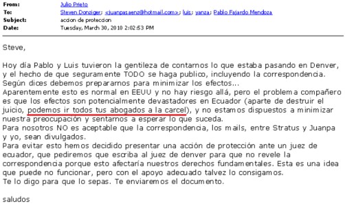 Este es Julio Prieto, uno de los abogados ecuatorianos detrás del fraude contra Chevron, quien expresó sus temores de ir a la cárcel si la verdad sobre el fraude era revelada. 