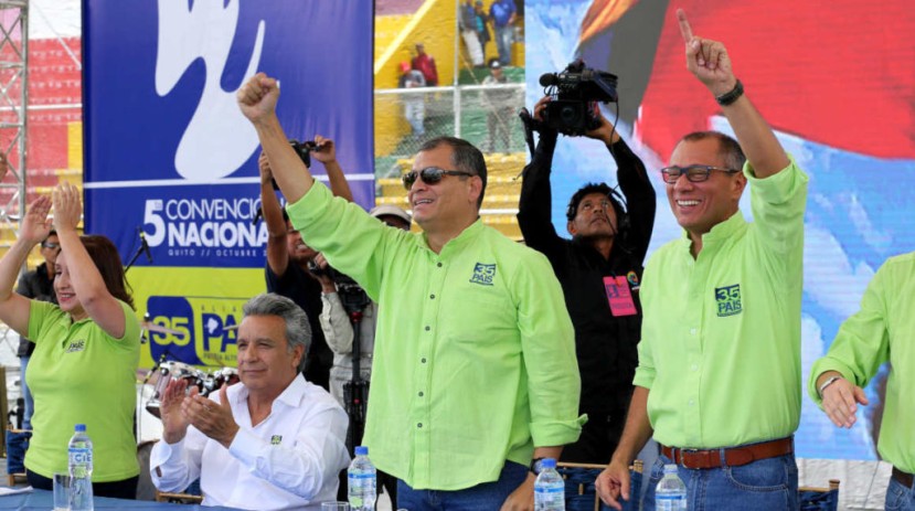 Doris Solíz, Lenín Moreno, Rafael Correa y Jorge Glas en la Quinta Convención del movimiento oficialista. Foto: Primicias