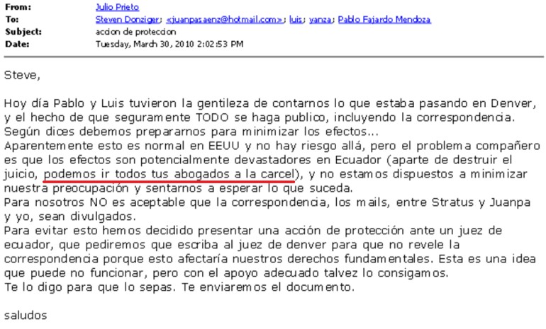 Este es Julio Prieto, uno de los abogados ecuatorianos detrás del fraude contra Chevron, quien expresó sus temores de ir a la cárcel si la verdad sobre el fraude era revelada. 