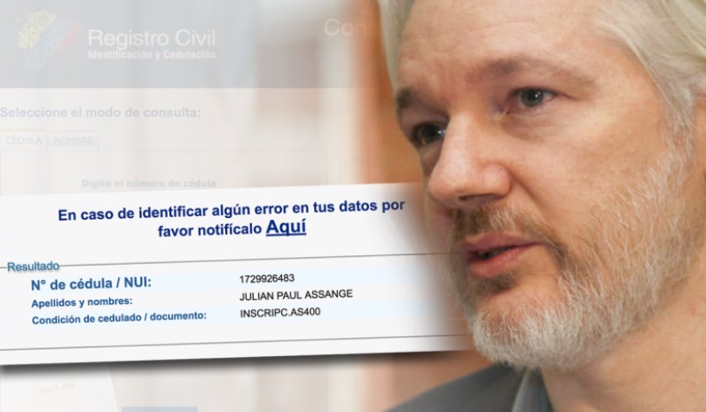 Cinco años y medio después de que Rafael Correa y su entonces canciller Ricardo Patiño le dieran asilo en la embajada del Ecuador en Londres, donde continúa, el director de Wikileaks Julian Assange tiene ahora cédula de ciudadanía ecuatoriana, con un código correspondiente a la provincia de Pichincha. Foto: El Universo Cinco años y medio después de que Rafael Correa y su entonces canciller Ricardo Patiño le dieran asilo en la embajada del Ecuador en Londres, donde continúa, el director de Wikileaks Julian Assange tiene ahora cédula de ciudadanía ecuatoriana, con un código correspondiente a la provincia de Pichincha. Foto: El Universo