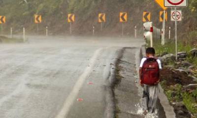 Juan Mandu camina por la vía Macas-Puyo rumbo a su casa. El niño debe ascender una pequeña montaña para ir a su casa ubicada en la comunidad Tarimiet, a ocho kilómetros. Foto: El Comercio