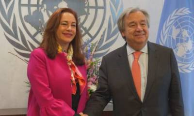 La Canciller del Ecuador Maria Fernanda Espinosa junto a Antonio Guterres, Secretario General de las Naciones Unidas. Foto: La República