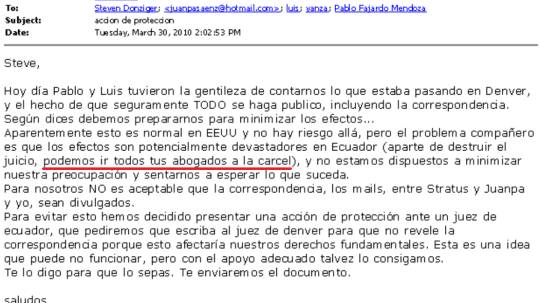 Este es Julio Prieto, uno de los abogados ecuatorianos detrás del fraude contra Chevron, quien expresó sus temores de ir a la cárcel si la verdad sobre el fraude era revelada. 