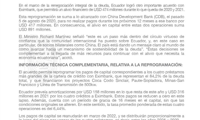 Ecuador obtiene alivio financiero por $ 891 millones con China / Cortesía del Ministerio de Finanzas