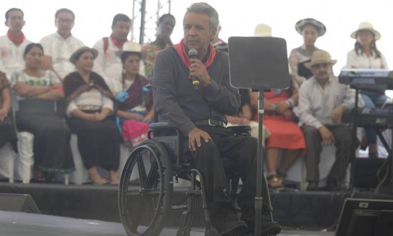El presidente de la República, Lenín Moreno, durante su discurso en Ciudad Alfaro. Foto: El Universo