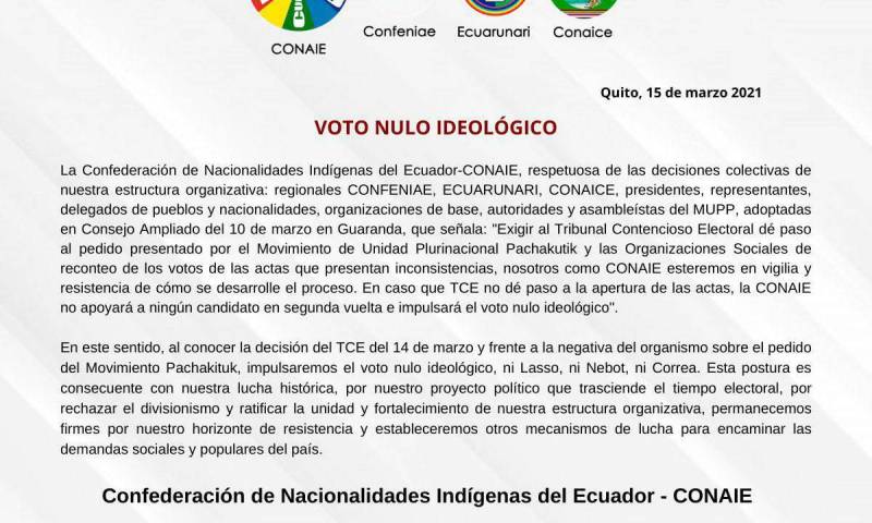 La Conaie impulsará el "voto nulo ideológico" / Foto EFE